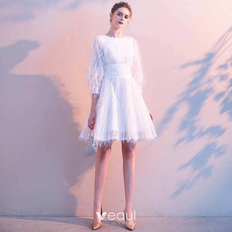 Elegant Ivory Homecoming Tassel Graduation Dresses 2020 A-Line / Princess Scoop Neck 3/4 Sleeve Bow Short Formal Dresses