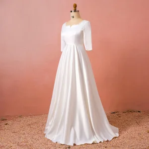 Modest Simple Ivory Satin Plus Size Wedding Dresses 2021 A Line Princess Square Neckline 3 4 Sleeve Floor Length Long Wedding