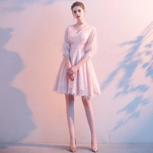 Chic Beautiful Blushing Pink Homecoming Tassel Graduation Dresses 2020 A Line Princess V Neck 1 2 Sleeves Backless Short Formal Dresses
