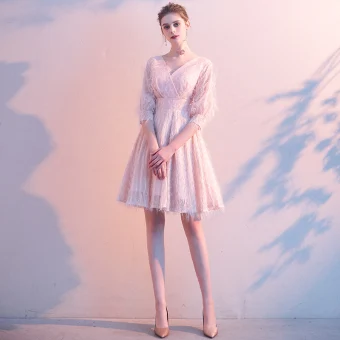 Chic Beautiful Blushing Pink Homecoming Tassel Graduation Dresses 2020 A Line Princess V Neck 1 2 Sleeves Backless Short Formal Dresses