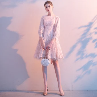 Fashion Blushing Pink Homecoming Tassel Graduation Dresses 2020 A Line Princess Scoop Neck Bow 3 4 Sleeve Short Formal Dresses