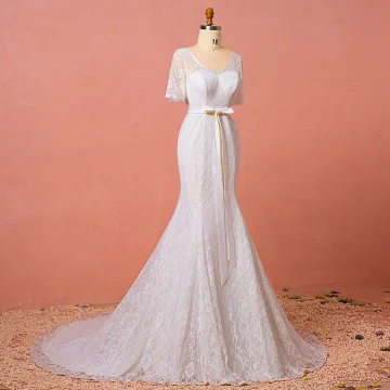 Chic Beautiful Ivory Lace Flower Plus Size Wedding Dresses 2021 Trumpet Mermaid V Neck Short Sleeve Floor Length Long Wedding