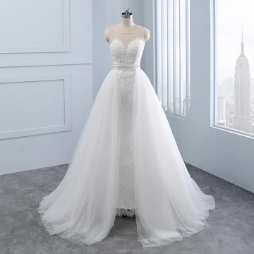 Chic Belle Ivoire Robe De Mariée 2018 Trompette Sirène En Dentelle Fleur Perlage Perle Encolure Dégagée Sans Manches Détachable Mariage