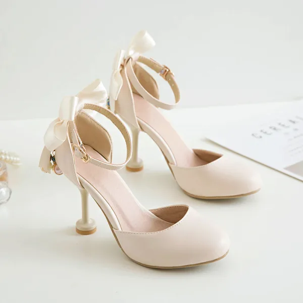 Lovely Candy Pink Dating Womens Shoes 2020 Pearl Bow Ankle Strap Round Toe 9 cm Stiletto Heels Heels