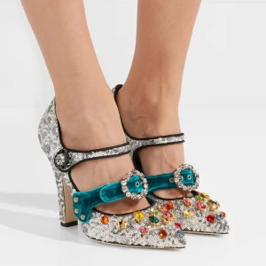 Fantaisie Scintillantes Argenté Paillettes Escarpins 2020 Désinvolte Cuir Cristal Daim 9 Cm Talons Épais À Bout Pointu Escarpins