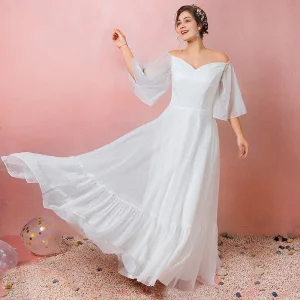 Simple Blanche Grande Taille Robe De Mariée 2021 Princesse De L 039 Épaule 1 2 Manches Dos Nu Longue Mariage