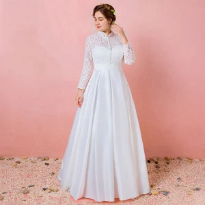 Simple Ivoire En Dentelle Fleur Grande Taille Robe De Mariée 2021 Princesse Col Haut Manches Longues Dos Nu Longue Mariage