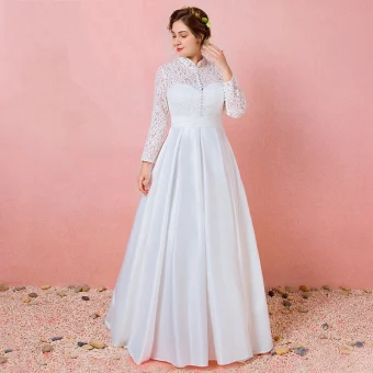 Modest Simple Ivory Lace Flower Plus Size Wedding Dresses 2021 A Line Princess High Neck Long Sleeve Backless Floor Length Long Wedding