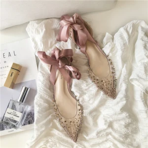 Chic Belle Rose Bonbon Désinvolte Plate Chaussures Femmes 2020 Noeud Rivet À Bout Pointu