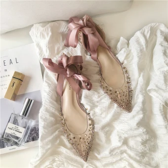 Chic Beautiful Candy Pink Casual Flat Womens Shoes 2020 Bow Rivet Pointed Toe