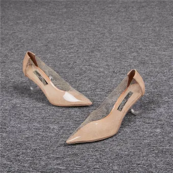 Transparent Beige Soirée Escarpins 2020 Cuir En Dentelle 6 Cm Cristal Talons Épais À Bout Pointu Escarpins