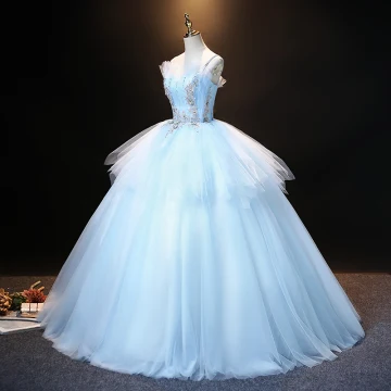 Élégant Bleu Ciel Robe De Bal 2021 Robe Boule Bretelles Spaghetti Perle Faux Diamant En Dentelle Fleur Sans Manches Dos Nu Longue Promo Robe De Ceremonie