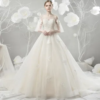 Chic Belle Champagne Robe De Mariée 2018 Princesse En Dentelle Appliques Paillettes Encolure Dégagée Dos Nu 3 4 Manches Cathedral Train Mariage