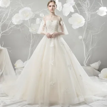 Chic Beautiful Champagne Wedding Dresses 2018 A Line Princess Lace Appliques Sequins Scoop Neck Backless 3 4 Sleeve Cathedral Train Wedding