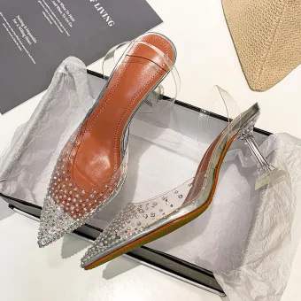Sexy Transparent Vêtement De Rue Faux Diamant Sandales Femme 2020 9 Cm Talons Aiguilles À Bout Pointu Sandales