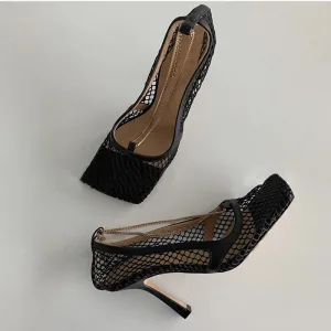 Sexy Black Casual Tulle Womens Shoes 2020 Pierced 8 Cm Stiletto Heels Square Toe Sandals
