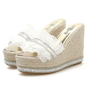 Chic Belle Doré Plage Sandales Femme 2020 En Dentelle Faux Diamant 11 Cm Compensées Peep Toes Bout Ouvert Sandales