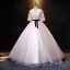 Elegant Blushing Pink Pearl Rhinestone Lace Flower Prom Dresses Ball Gown Backless 2021 Scoop Neck Bow Sash 1/2 Sleeves Floor-Length / Long Prom Formal Dresses