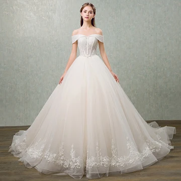 Elegant Champagne Wedding Dresses 2018 Ball Gown Lace Flower Bow Sequins Off The Shoulder Backless Sleeveless Cathedral Train Wedding