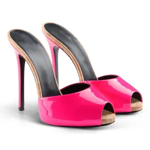 Elegancka Fuksja Zużycie Ulicy Skórzany Sandały Damskie Szpilki 9 Cm 2020 Peep Toe Sandały
