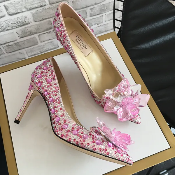 Charming Blushing Pink Evening Party Crystal Pumps 2020 Leather Rhinestone 8 cm Stiletto Heels Pointed Toe Pumps