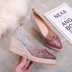 Sparkly Gradient Color Fuchsia Casual Braid Womens Shoes 2020 Sequins 7 Cm Wedges Pointed Toe
