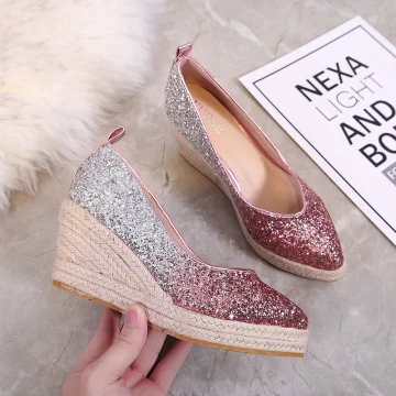 Sparkly Gradient Color Fuchsia Casual Braid Womens Shoes 2020 Sequins 7 Cm Wedges Pointed Toe
