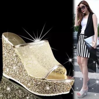 Sjarmerende Gull Aften Sandaler Dame 2020 Glitter Paljetter 9 Cm Kilehæl Peep Toe Sandaler