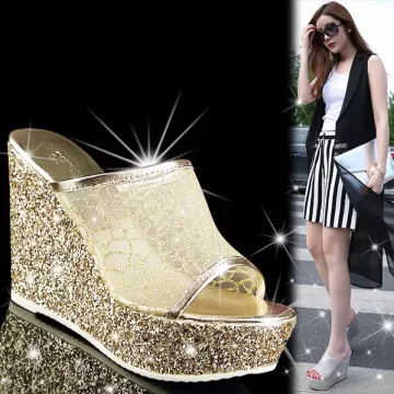 Charmant Doré Soirée Sandales Femme 2020 Glitter Paillettes 9 Cm Compensées Peep Toes Bout Ouvert Sandales
