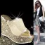 Charmant Doré Soirée Sandales Femme 2020 Glitter Paillettes 9 cm Compensées Peep Toes / Bout Ouvert Sandales