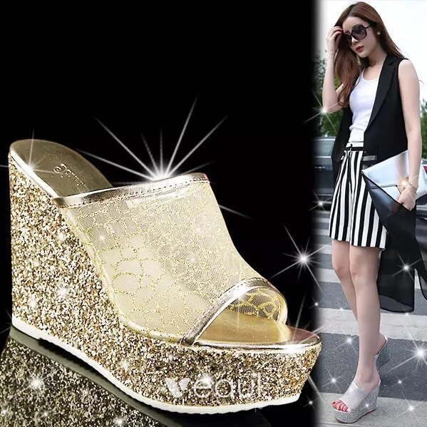 Charming Gold Evening Party Womens Sandals 2020 Glitter Sequins 9 cm Wedges Open Peep Toe Sandals