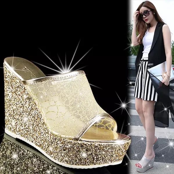 Charming Gold Evening Party Womens Sandals 2020 Glitter Sequins 9 cm Wedges Open Peep