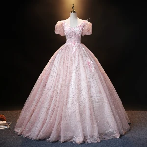 Vintage Originale Rougissant Rose Perle Paillettes En Dentelle Fleur Robe De Bal Robe Boule 2021 V Cou Gonflée Manches Courtes Dos Nu Longue Promo Robe De Ceremonie