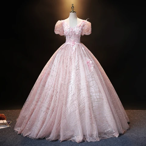 Vintage Rosa Perle Pailletten Spitze Blumen Ballkleider Ballkleid 2021 V-Ausschnitt Geschwollenes Kurze Ärmel Rückenfreies Lange Ball Festliche Kleider