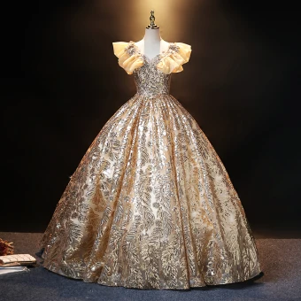 Glitter Goud Pailletten Galajurken 2021 Baljurk V Hals Kant Bloem Rhinestone Ruche Korte Mouwen Ruglooze Lange Gala Gelegenheid Jurken