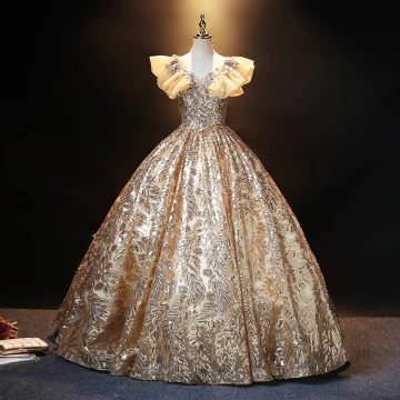 Scintillantes Doré Paillettes Robe De Bal 2021 Robe Boule V Cou En Dentelle Fleur Faux Diamant Volants Manches Courtes Dos Nu Longue Promo Robe De Ceremonie