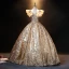 Sparkly Gold Sequins Prom Dresses 2021 Ball Gown V-Neck Lace Flower Rhinestone Ruffle Short Sleeve Backless Floor-Length / Long Prom Formal Dresses