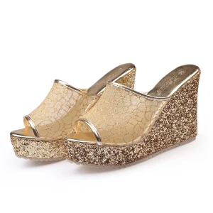 Scintillantes Doré Été Soirée Sandales Femme 2020 Glitter Paillettes 9 Cm Compensées Peep Toes Bout Ouvert Sandales
