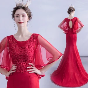Chic Belle Bordeaux Robe De Soirée 2020 Trompette Sirène Encolure Dégagée Perlage Paillettes En Dentelle Fleur 1 2 Manches Dos Nu Train De Balayage Robe De Ceremonie