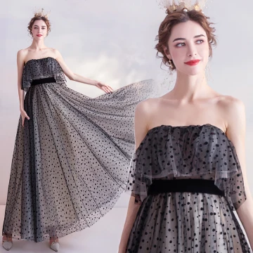 Chic Beautiful Black Homecoming Spotted Graduation Dresses 2020 A Line Princess Strapless Sleeveless Backless Floor Length Long Formal Dresses