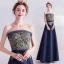 Vintage Marineblau Abendkleider 2020 A Linie Bandeau Strass Spitze Blumen Schleife Ärmellos Rückenfreies Lange Festliche Kleider