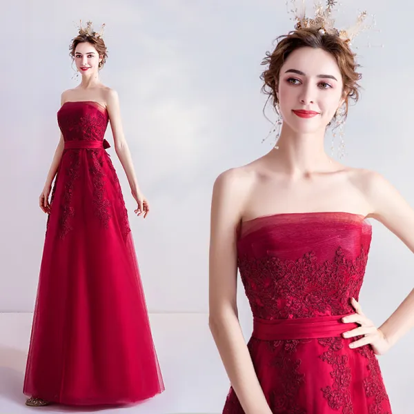 Elegant Red Evening Dresses 2020 A-Line / Princess Strapless Sleeveless  Beading Pearl Rhinestone Glitter Tulle Flower Sash Floor-Length / Long  Backless