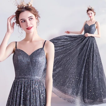 Charming Silver Black Prom Dresses 2020 A Line Princess Spaghetti Straps Star Sequins Sleeveless Backless Floor Length Long Formal Dresses