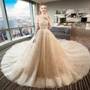 Chic Belle Champagne Robe De Mariée 2018 Robe Boule Glitter De L Épaule Dos Nu Sans Manches Royal Train Mariage