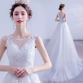 Affordable White Wedding Dresses 2020 A Line Princess Scoop Neck Lace Flower Sleeveless Backless Court Train