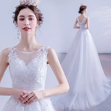 Abordable Blanche Robe De Mariée 2020 Princesse Encolure Dégagée En Dentelle Fleur Sans Manches Dos Nu Tribunal Train