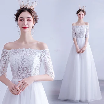 Abordable Blanche Robe De Mariée 2020 Princesse De L 039 Épaule En Dentelle Fleur 1 2 Manches Dos Nu Longue Mariage