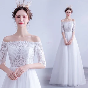 Erschwinglich Weiß Brautkleider Hochzeitskleider 2020 A Linie Off Shoulder Spitze Blumen 1 2 Ärmel Rückenfreies Lange Hochzeit