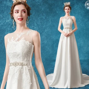 Affordable Ivory Wedding Dresses 2020 A Line Princess Scoop Neck Beading Crystal Pearl Lace Flower Sleeveless Sweep Train