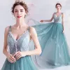 Classy Mint Green Prom Dresses 2020 A-Line / Princess Spaghetti Straps Lace Flower Sleeveless Backless Cascading Ruffles Sweep Train Formal Dresses